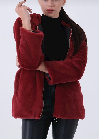 Bordo Kadın Peluş Fermuarlı Mont - Görsel 3