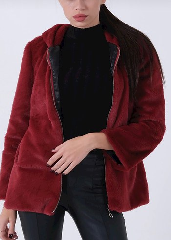 Bordo Kadın Peluş Fermuarlı Mont - Görsel 4