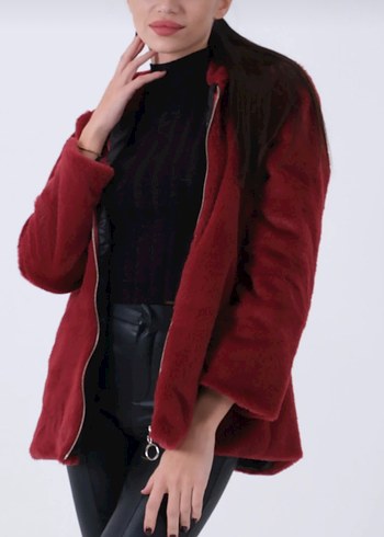 Bordo Kadın Peluş Fermuarlı Mont - Görsel 2
