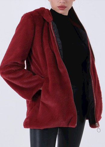Bordo Kadın Peluş Fermuarlı Mont - Görsel 5