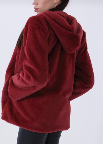 Bordo Kadın Peluş Fermuarlı Mont - Görsel 6