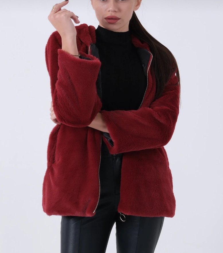 Bordo Kadın Peluş Fermuarlı Mont - Görsel 3