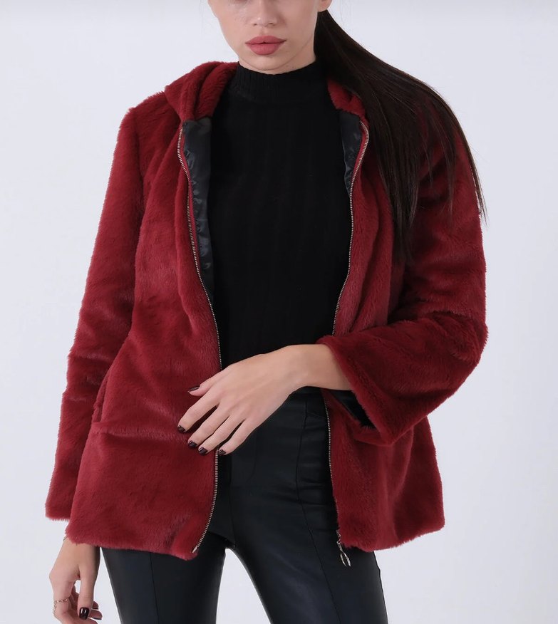 Bordo Kadın Peluş Fermuarlı Mont - Görsel 4