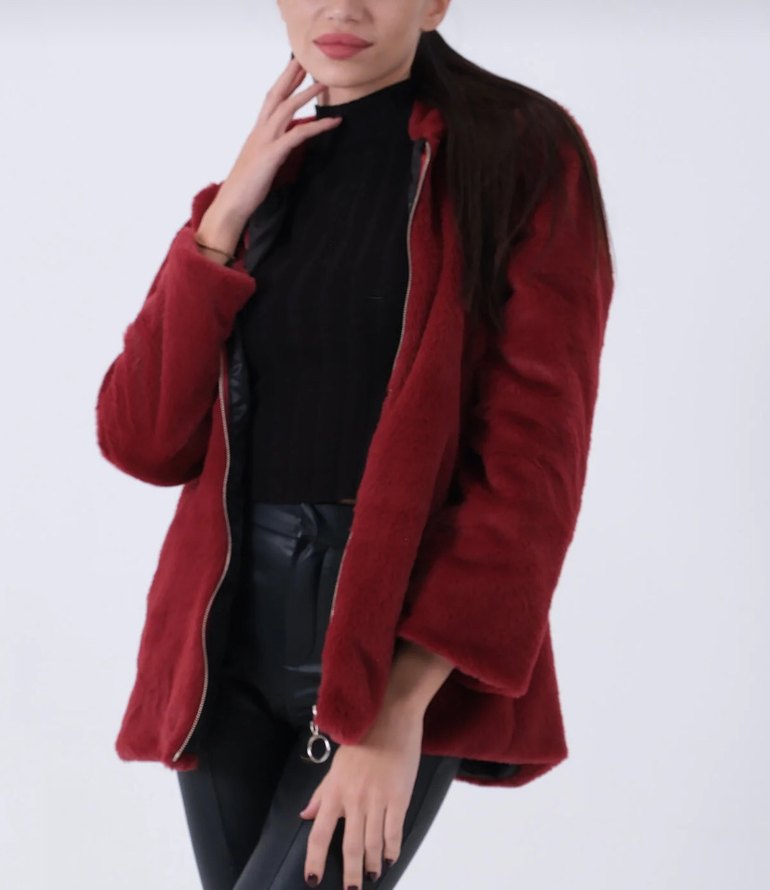 Bordo Kadın Peluş Fermuarlı Mont - Görsel 2