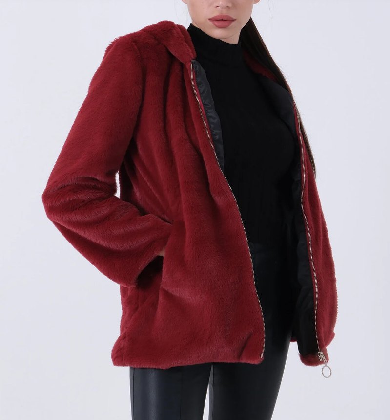 Bordo Kadın Peluş Fermuarlı Mont - Görsel 5