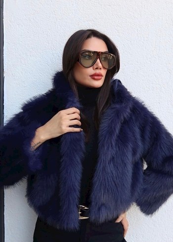 Lacivert Kısa Kapüşonlu Kürk - Görsel 3