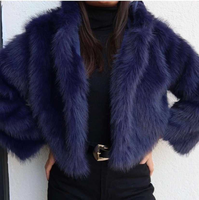 Lacivert  Kısa Kapüşonlu Kürk - Görsel 2