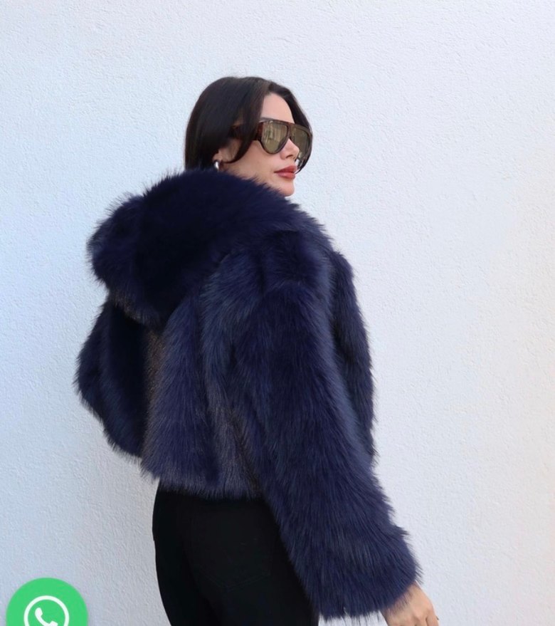 Lacivert  Kısa Kapüşonlu Kürk - Görsel 4