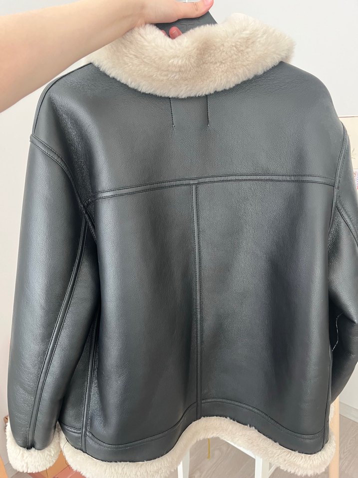 Bej Kürklü Gri Deri Biker Ceket - Görsel 4