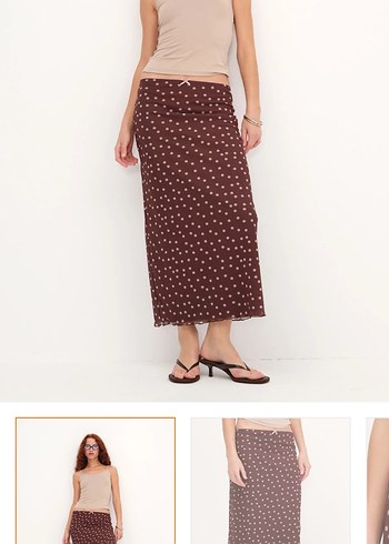 Drapeli Kahverengi Puantiyeli etek - Görsel 3