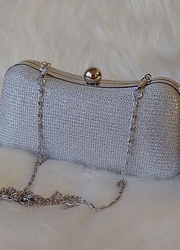 Gümüş renk işlemeli simli abiye clutch