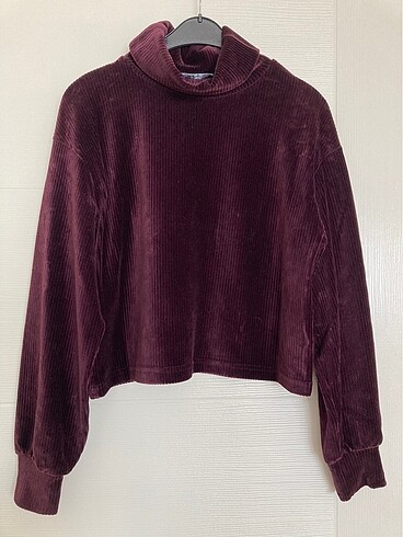 Kadife koyu mor crop sweatshirt
