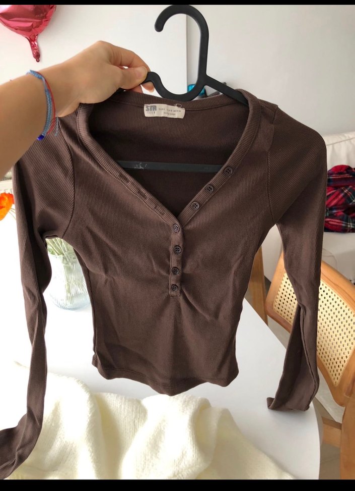 Stradivaus V Yaka Kahverengi Kadın Bluz - Görsel 2