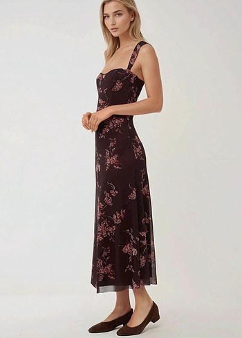 Bordo Çiçek Desenli Uzun Kadın Elbise - Görsel 2