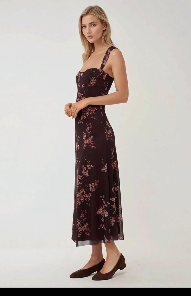 Bordo Çiçek Desenli Uzun Kadın Elbise - Görsel 2