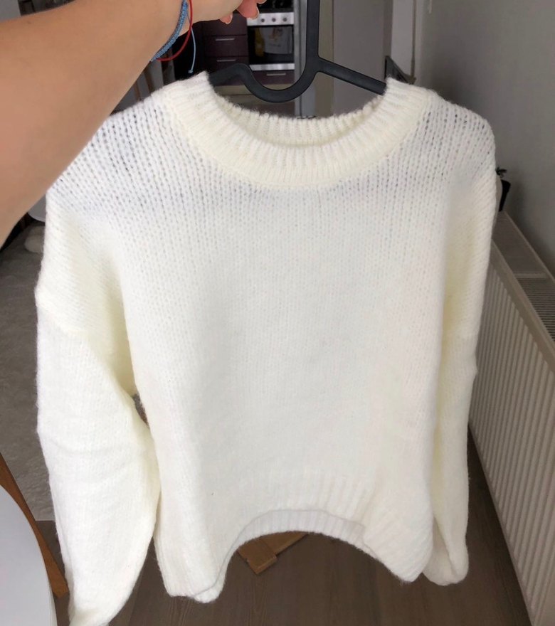 Beyaz Rahat Kesim Kadın Yün Kazak - Görsel 5