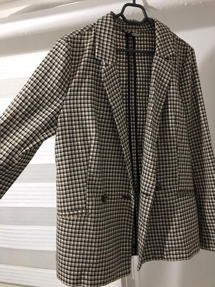 Düğmeli Kahverengi Ekoseli Kadın Blazer - Görsel 2