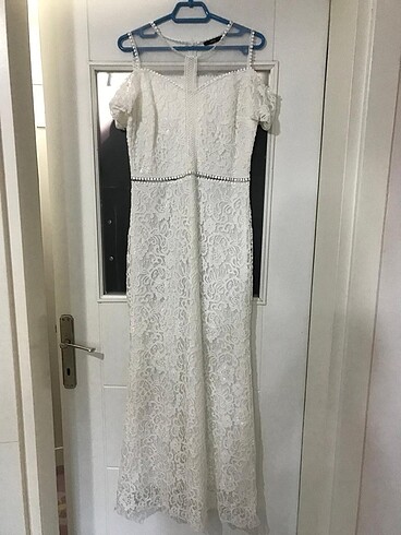 Beyaz dantel detaylı balık model elbise - Görsel 10