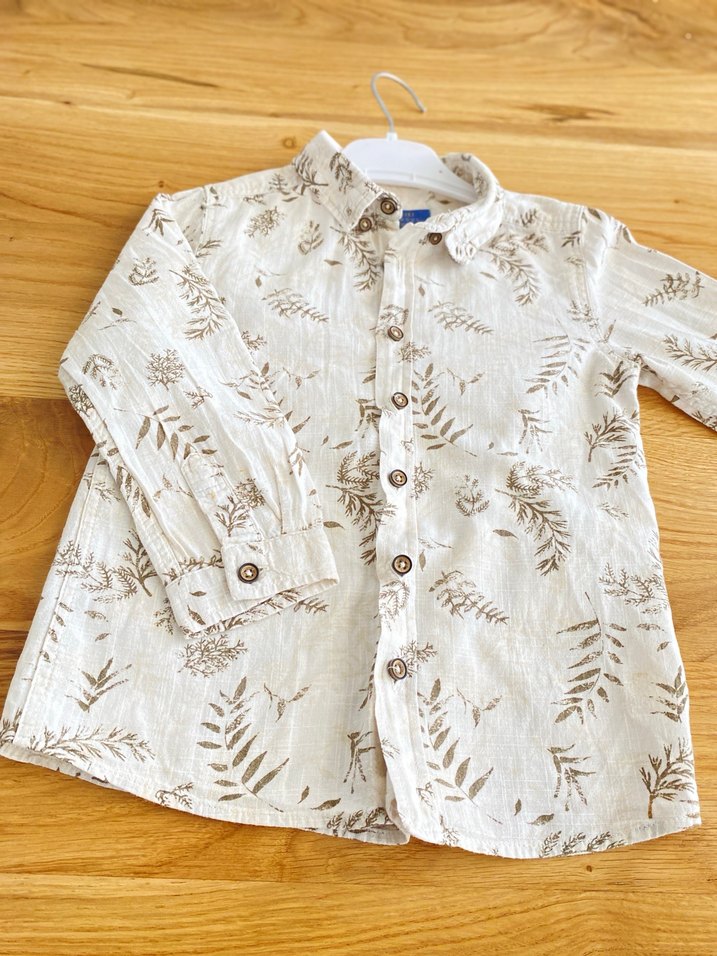 Bej Desenli Uzun Kollu Keten Erkek Gömlek - Görsel 2