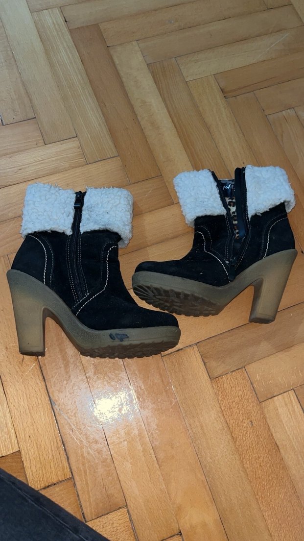 vintage Siyah Süet Kürklü Kadın Dolgu Topuk Bot - Görsel 2