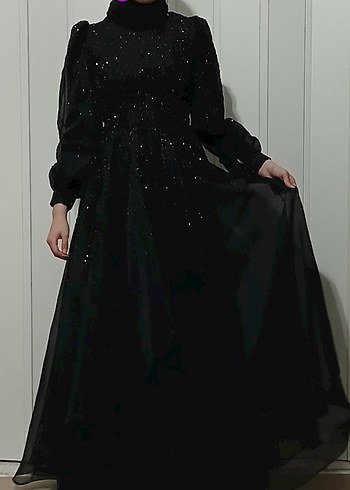 Tesettür Uzun Siyah Gotik Abiye Elbise - Görsel 7