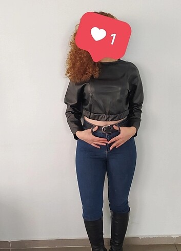 s Beden siyah Renk Deri Crop