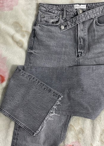 Cross jean Gri Kadın Denim Pantolon, Tokalı, Midi Boy