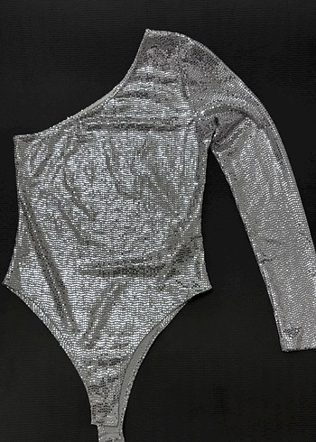 Tek Kollu Gri Payetli Bodysuit - Görsel 3