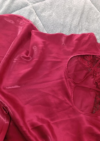 Bordo , güpürlü Uzun İp Askılı saten gecelik - Görsel 3