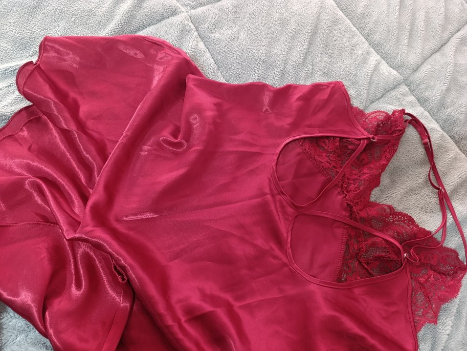 Bordo , güpürlü Uzun İp Askılı saten gecelik - Görsel 3