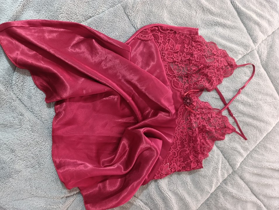 Bordo , güpürlü Uzun İp Askılı saten gecelik - Görsel 2