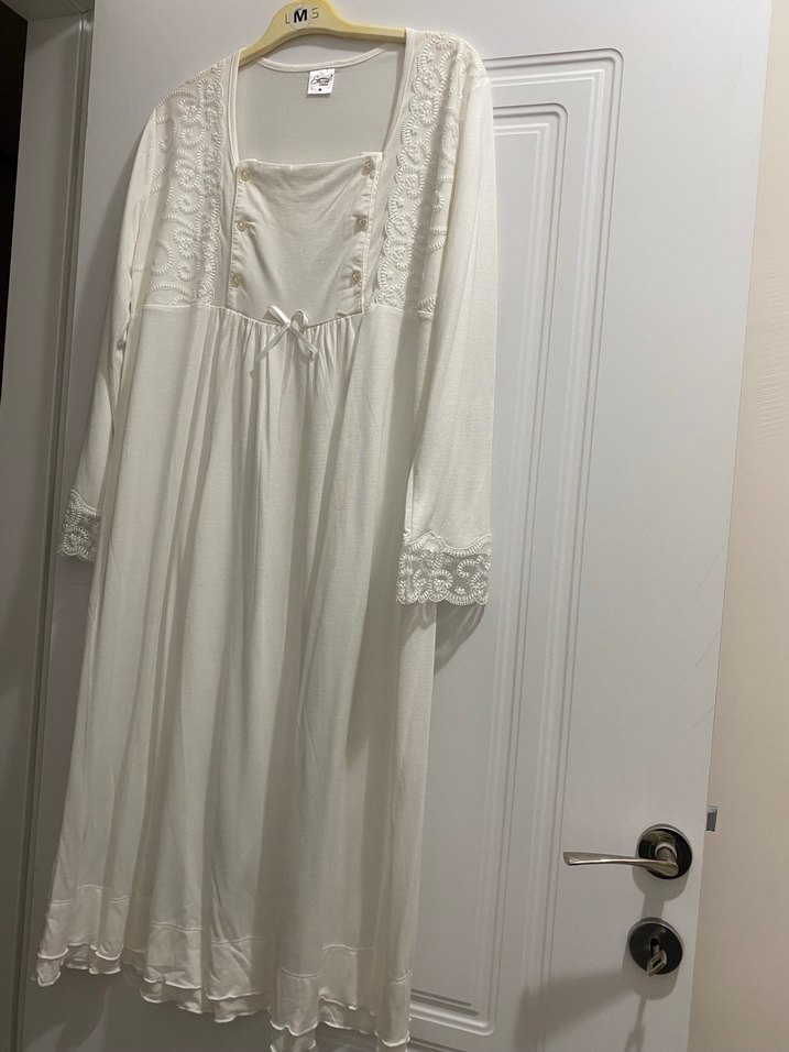 Uzun Beyaz Kadın Sabahlık lohusa geceliği - Görsel 2