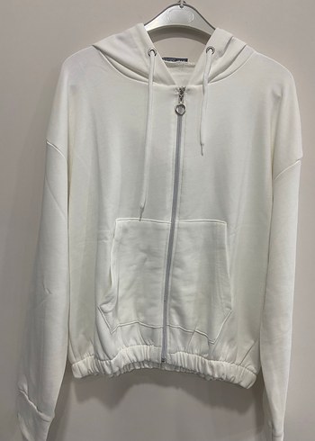 Kadın Beyaz Kapüşonlu Fermuarlı Sweatshirt - Görsel 2