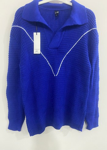 Mavi V Yakalı Kadın Triko Kazak - Görsel 3