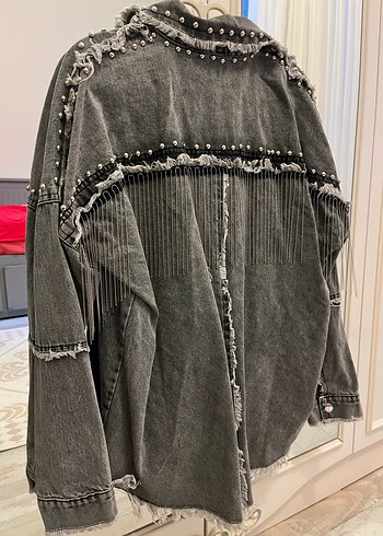 Gri Nakışlı Düğmeli Kadın Denim Ceket - Görsel 3