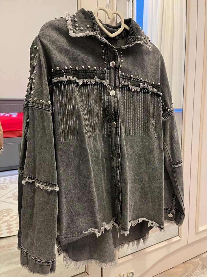 Gri Nakışlı Düğmeli Kadın Denim Ceket - Görsel 5