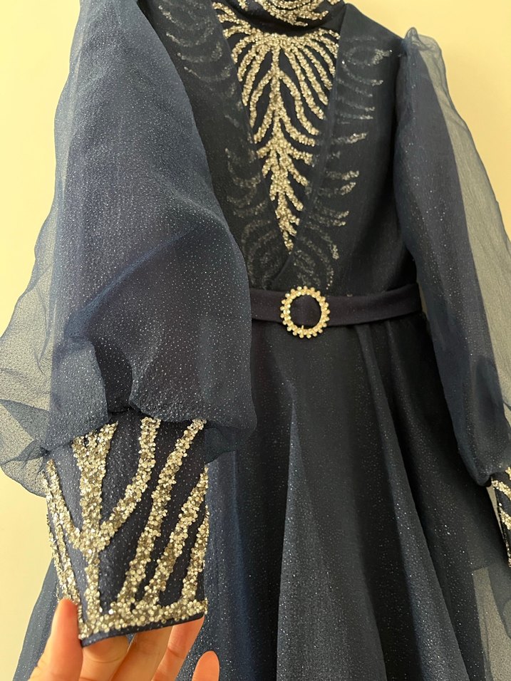 Nakışlı Lacivert Uzun Abiye Elbise - Görsel 3