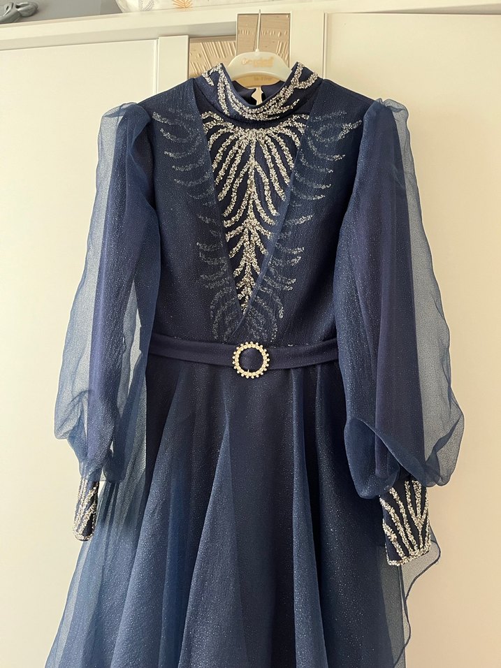 Nakışlı Lacivert Uzun Abiye Elbise - Görsel 2