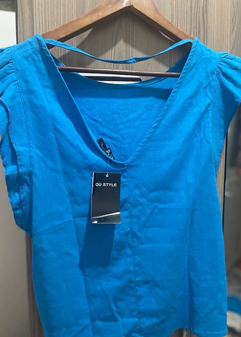 Mavi Yaka Kısa Kollu Kadın Bluz - Görsel 3