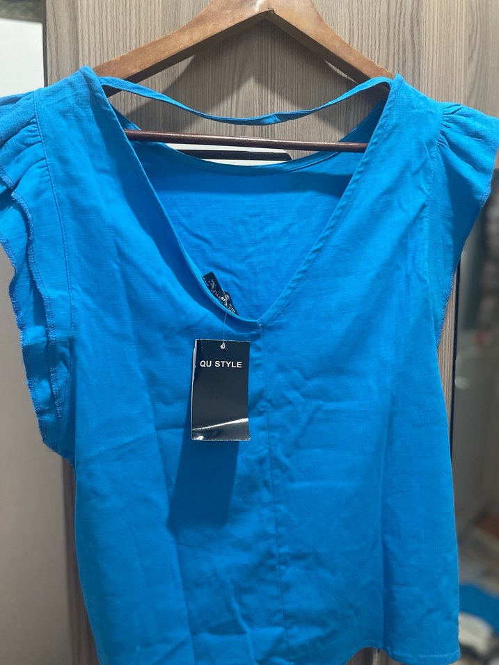 Mavi Yaka Kısa Kollu Kadın Bluz - Görsel 3