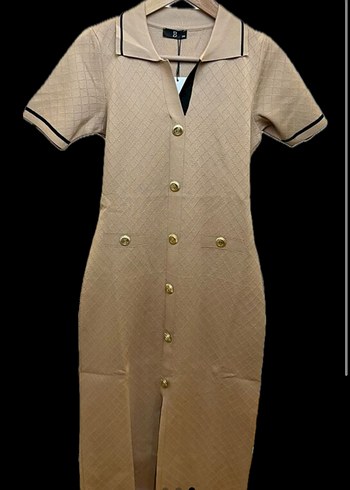 Bej Düğmeli Kısa Kollu Ofis Elbisesi - Görsel 2