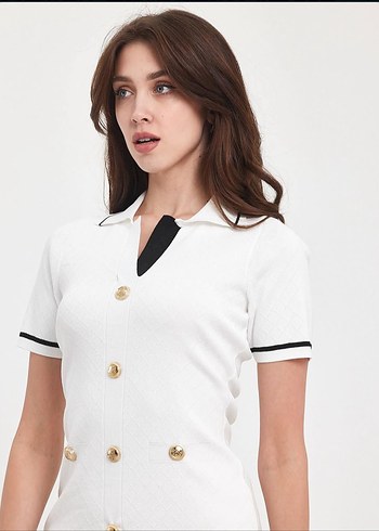 Düğmeli Beyaz Midi Ofis Elbisesi - Görsel 3