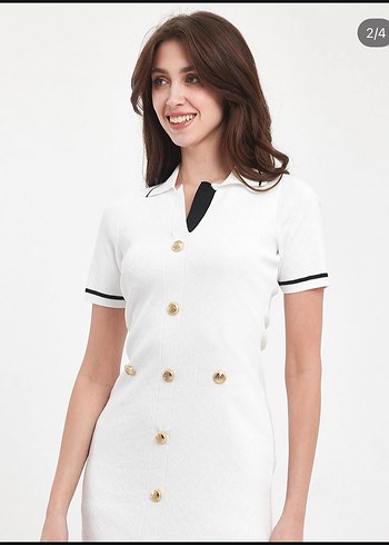 Düğmeli Beyaz Midi Ofis Elbisesi - Görsel 2