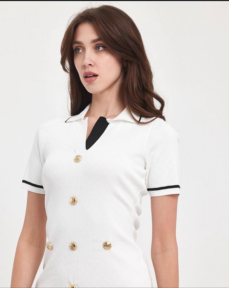 Düğmeli Beyaz Midi Ofis Elbisesi - Görsel 3