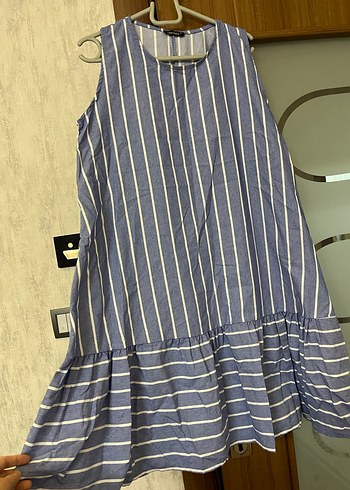 Mavi Çizgili Kolsuz Midi Elbise - Görsel 2