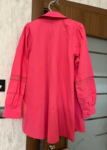 Pembe Düğmeli Kadın Keten Gömlek - Görsel 4