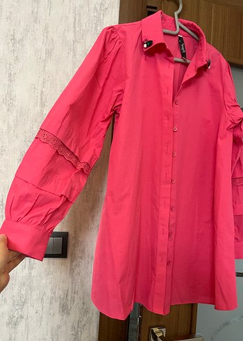 Pembe Düğmeli Kadın Keten Gömlek - Görsel 2