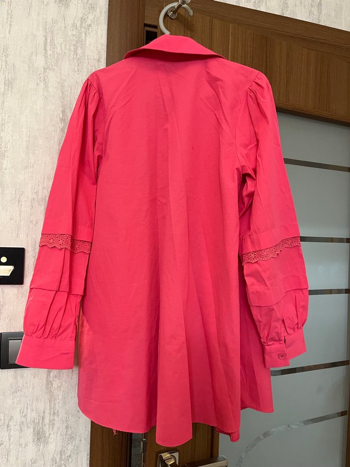 Pembe Düğmeli Kadın Keten Gömlek - Görsel 4