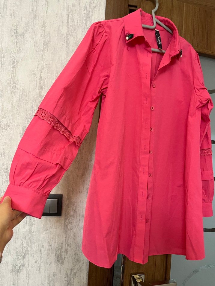 Pembe Düğmeli Kadın Keten Gömlek - Görsel 2