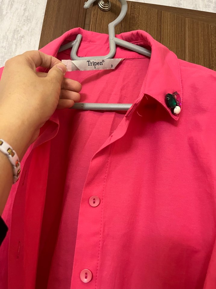 Pembe Düğmeli Kadın Keten Gömlek - Görsel 3